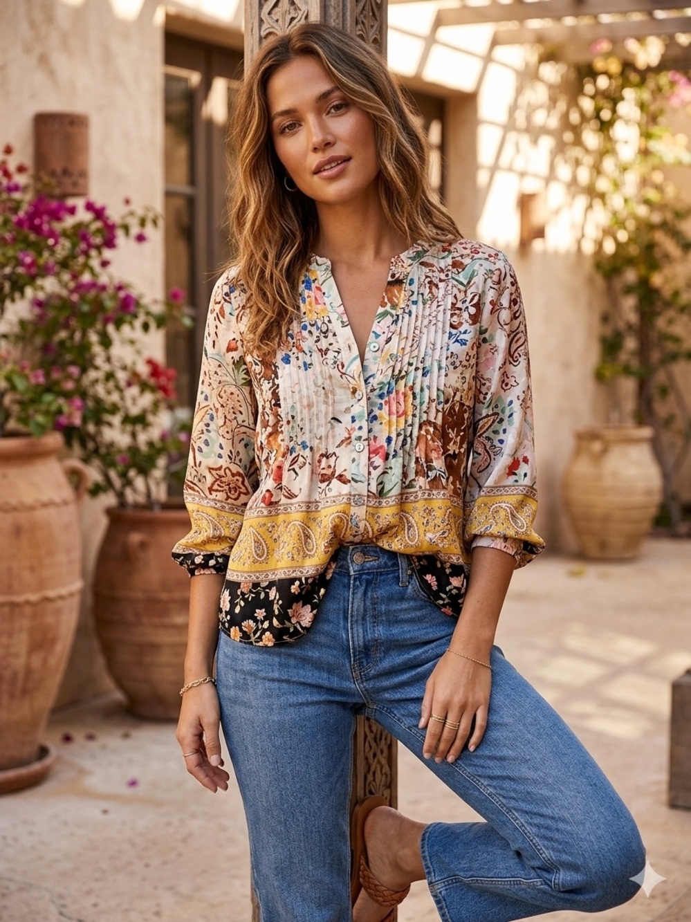 Fig & Flower Boho Floral Paisley Patchwork Clip Dot Button Blouse Small